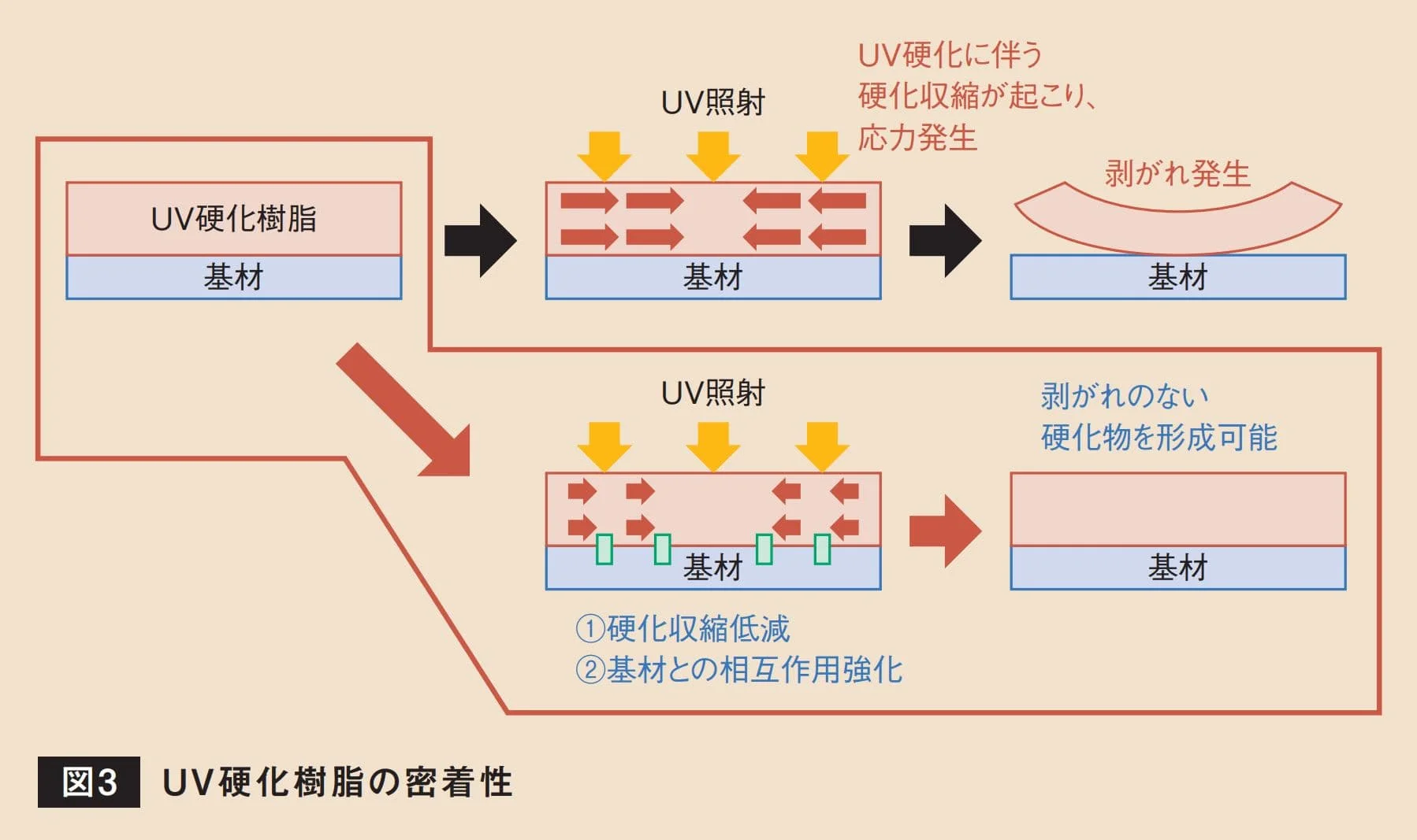 UV硬化収縮による剥がれ発生と、密着性改善による防止の比較模式図