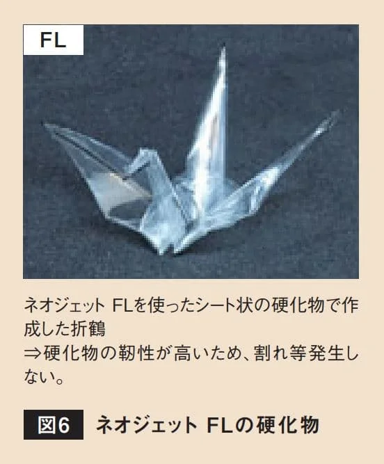 ネオジェットFLの硬化物シートで作った折り鶴の写真。割れずに成形できる高い靭性を示す