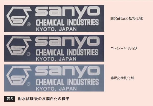 耐水試験後の皮膜の白化度合いを比較した写真