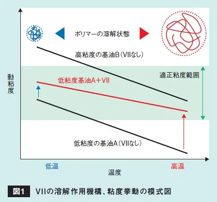 VIIが低温で分子鎖を収縮、高温で伸長させ、潤滑油の粘度を適正範囲に保つ仕組みを表したグラフ図