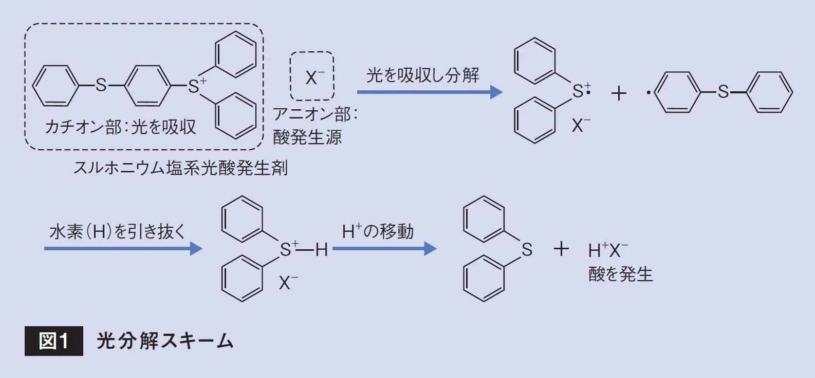 スルホニウム塩系光酸発生剤が光分解し酸を発生する反応スキーム